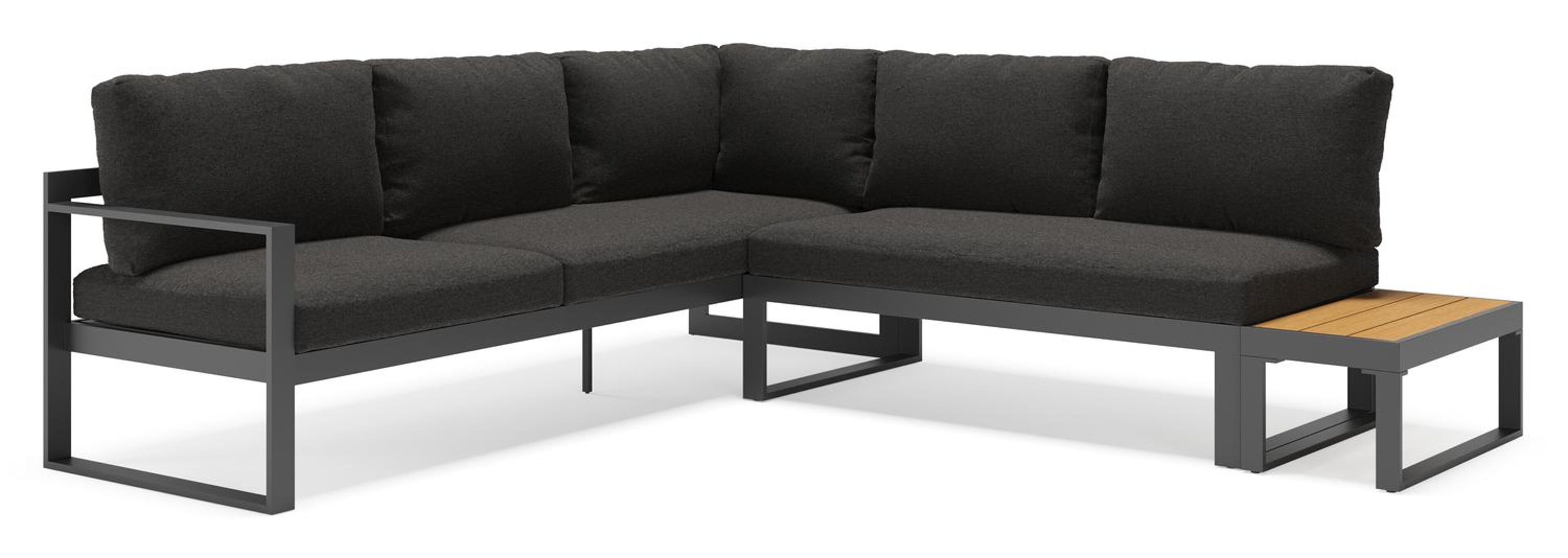 Caldela loungehoek in zwart aluminium en polywood met zwart weather+ softtouch kussens