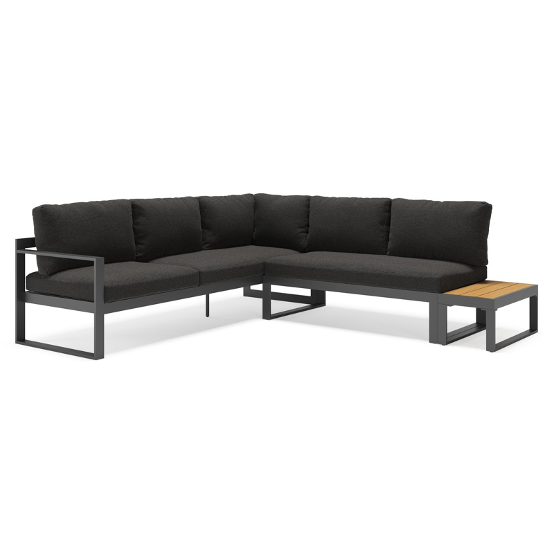 Caldela loungehoek in zwart aluminium en polywood met zwart weather+ softtouch kussens