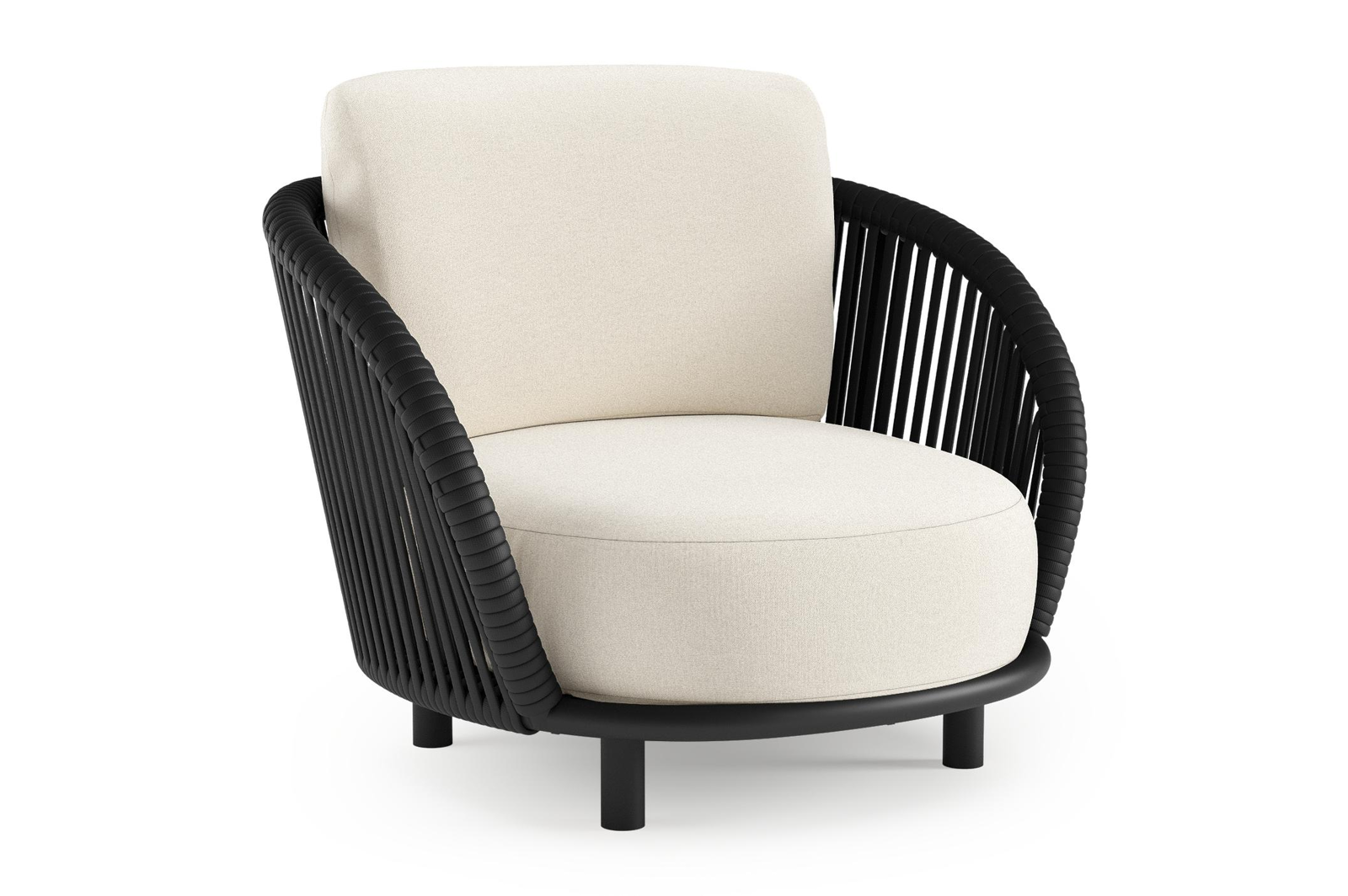 Fauteuil de jardin Lupino en aluminium noir et corde large plate de luxe tissée verticalement noir et coussins en all weather sunbrella® luxe natte white