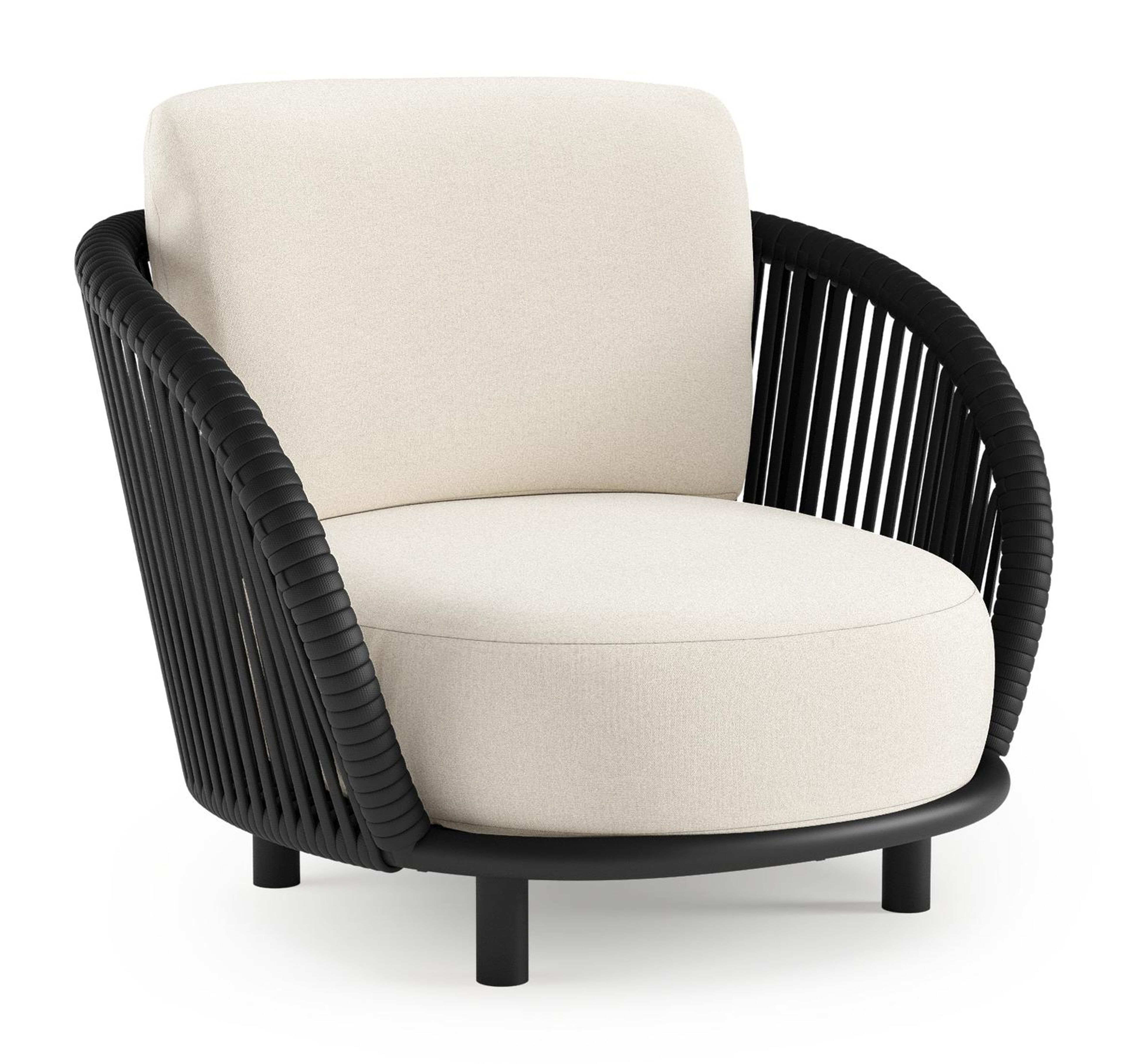 Fauteuil de jardin Lupino en aluminium noir et corde large plate de luxe tissée verticalement noir et coussins en all weather sunbrella® luxe natte white