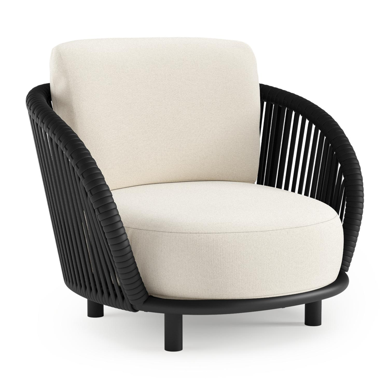Fauteuil de jardin Lupino en aluminium noir et corde large plate de luxe tissée verticalement noir et coussins en all weather sunbrella® luxe natte white