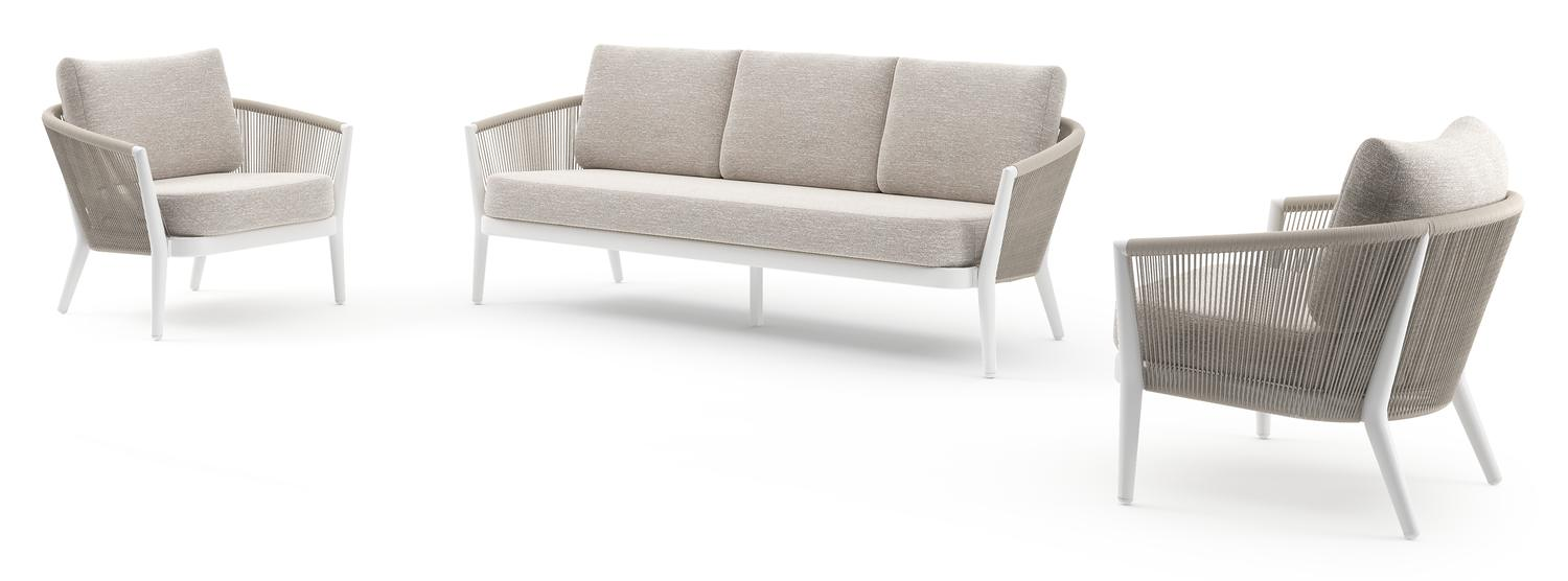 Orso loungeset in wit aluminium en beige verticaal geweven ronde rope met Tundra Sand all weather sunbrella® luxe kussen