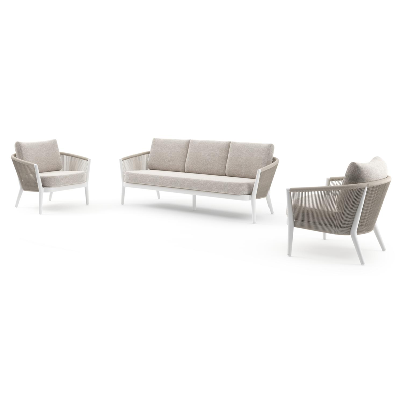 Orso loungeset in wit aluminium en beige verticaal geweven ronde rope met Tundra Sand all weather sunbrella® luxe kussen