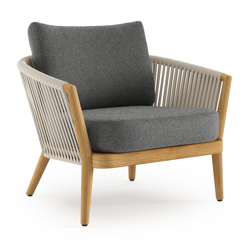 Fauteuil de jardin Orso en tecken corde luxe plate tissée verticalement beige et coussins en all weather cosytica Catania Black