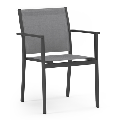 Ensemble de jardin Calobra avec table extensible en aluminium noir avec plateau de table en verre gris et 10 chaises de jardin empilables Bareto