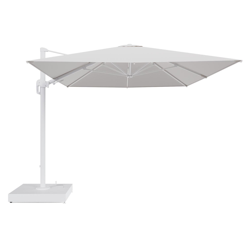 Rufina zweefparasol met tiltfunctie in wit aluminium en Ego Eggshell All Weather Solica parasoldoek - L1 400 x L2 300 cm met parasolvoet Minore 260 kg met wielen