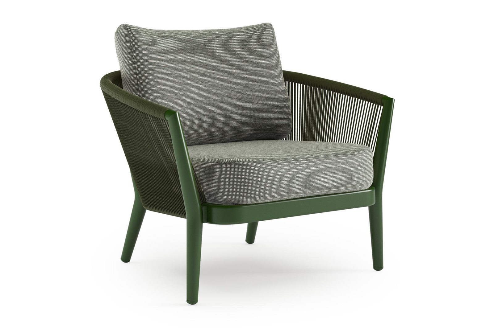 Orso loungestoel in groen aluminium en groen verticaal geweven ronde rope met Slow Fern all weather sunbrella® luxe kussen