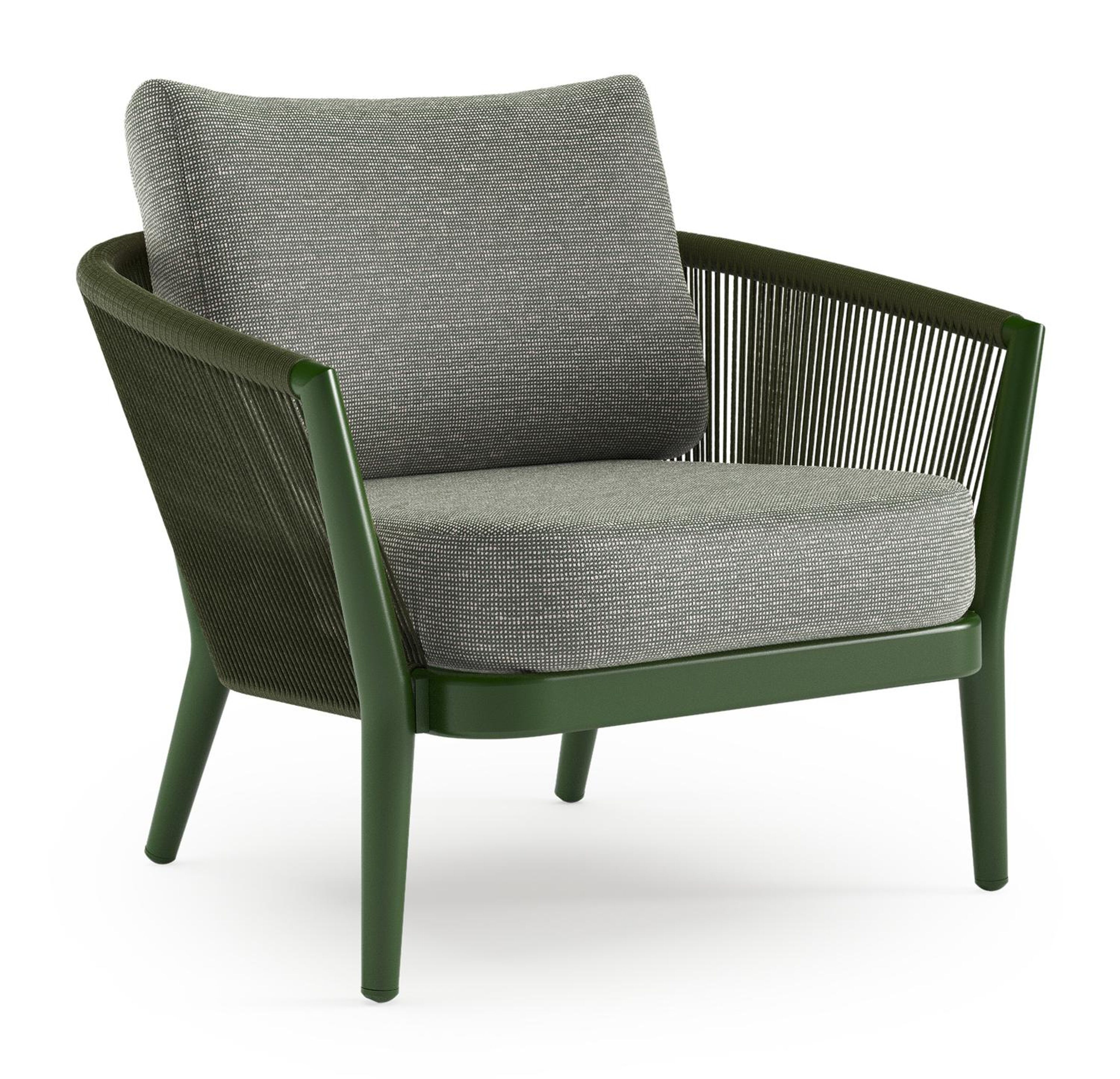 Orso loungestoel in groen aluminium en groen verticaal geweven ronde rope met Slow Fern all weather sunbrella® luxe kussen