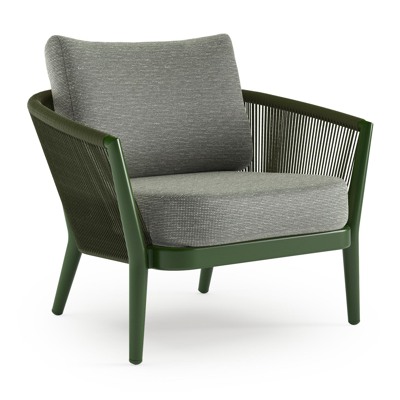 Orso loungestoel in groen aluminium en groen verticaal geweven ronde rope met Slow Fern all weather sunbrella® luxe kussen