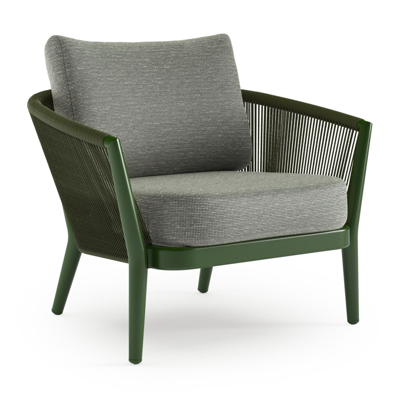 Orso loungestoel in groen aluminium en groen verticaal geweven ronde rope met Slow Fern all weather sunbrella® luxe kussen