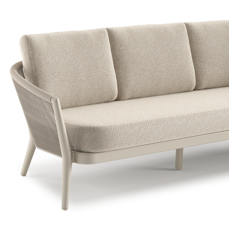 Orso loungeset in beige aluminium en beige verticaal geweven ronde rope met Marbella Ecru all weather cosytica kussen