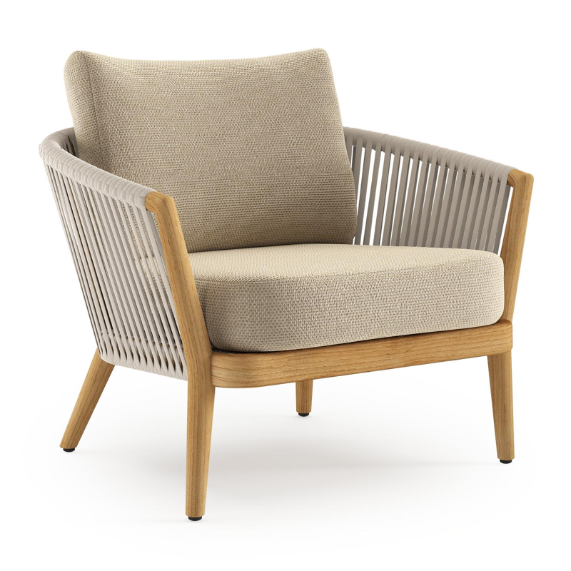 Orso loungestoel in teak en beige verticaal geweven luxe vlakke rope met Althea Camel all weather cosytica kussen