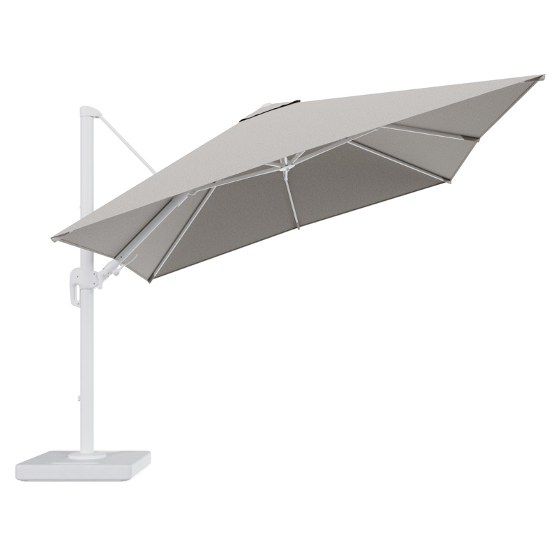 Parasol pendant Rufina avec fonction tilt en aluminium blanc et toile de parasol en All Weather Solica Firenze Sand - Lg.1 300 x Lg.2 300 cm avec pied de parasol Lapido 160 kg