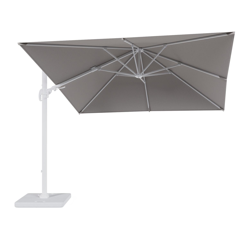 Avola zweefparasol met tiltfunctie in wit aluminium en Natte Graumel Chalk Sunbrella® Premium parasoldoek - L1 300 x L2 300 cm met parasolvoet Pedito 120 kg