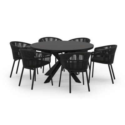 Pamplona ronde tuinset in zwart aluminium en sintered stone notte minerale met 6 Matera tuinstoelen