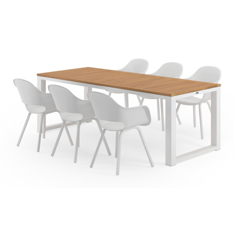 Ensemble de jardin Livo en aluminium blanc avec plateau de table en teck naturel et 6 chaises de jardin Artena