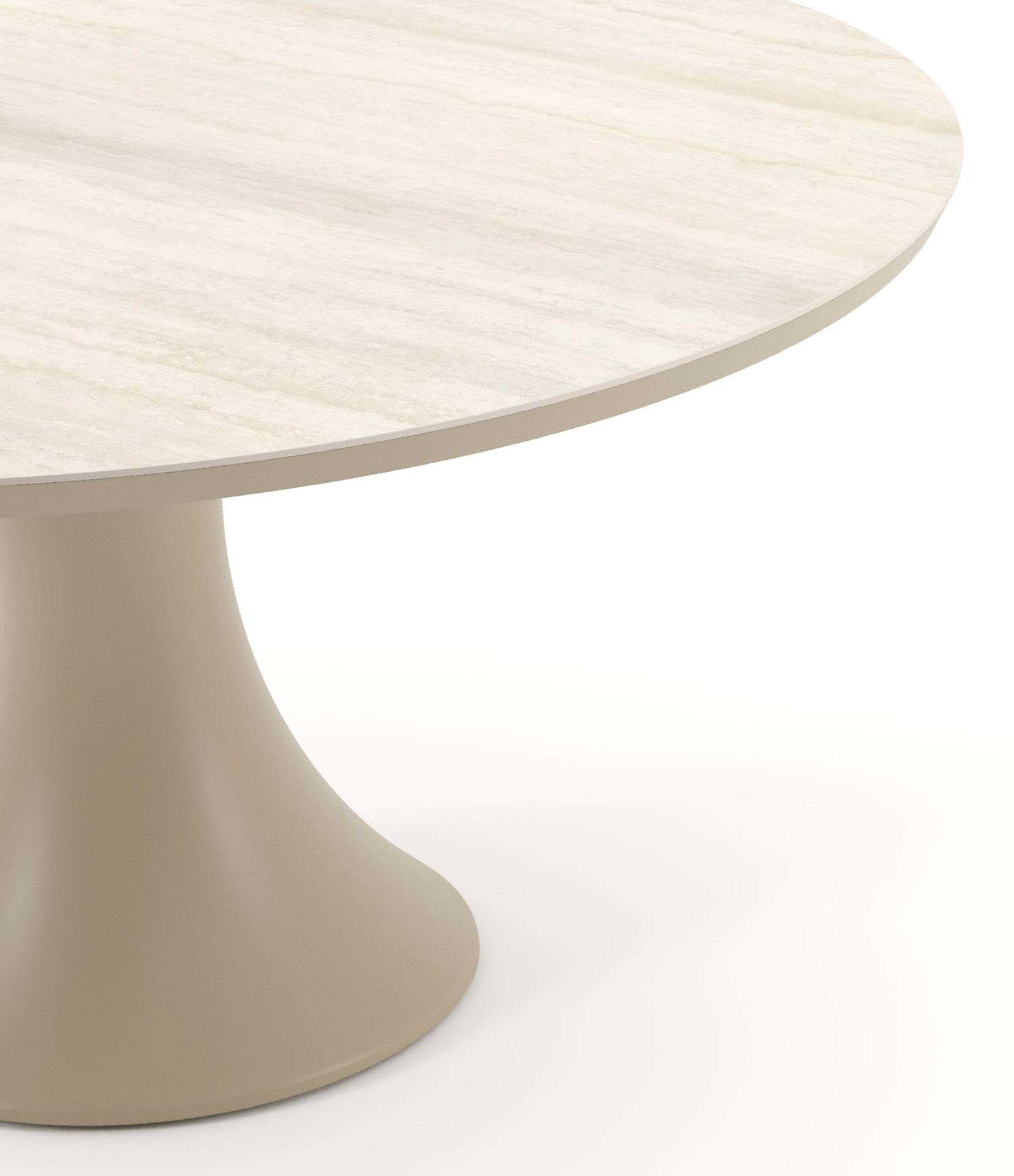 Table de jardin Fano ronde en aluminium beige et céramique pleine Travertino Bianco - Diam. 148 x Haut. 75 cm