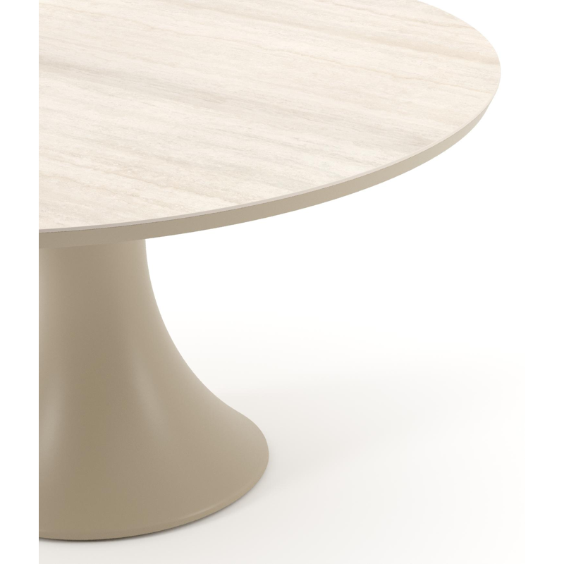 Table de jardin Fano ronde en aluminium beige et céramique pleine Travertino Bianco - Diam. 148 x Haut. 75 cm