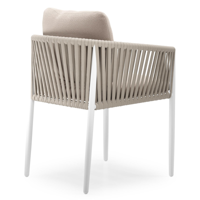 Organo tuinstoel in wit aluminium en beige verticaal geweven luxe vlakke rope met zitkussen in All Weather Sunbrella® Luxe Wander Pilat