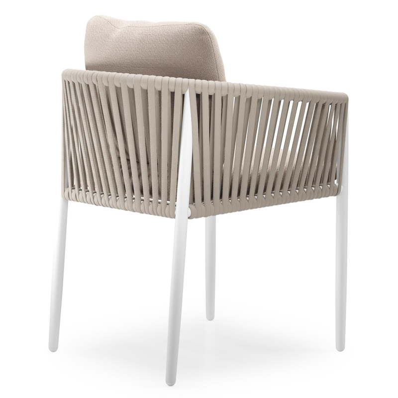 Organo tuinstoel in wit aluminium en beige verticaal geweven luxe vlakke rope met zitkussen in All Weather Sunbrella® Luxe Wander Pilat