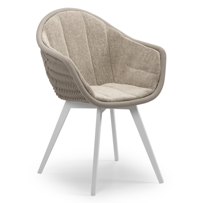 Chaise de jardin Pagino en aluminium blanc et corde ronde tissée verticalement beige avec coussin en All Weather Sunbrella® Luxe Chartres Pewter