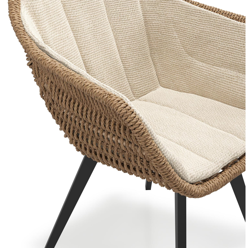 Pagino tuinstoel in zwart aluminium en bruin ronde wicker met zitkussen in All Weather Cosytica Althea Chalk