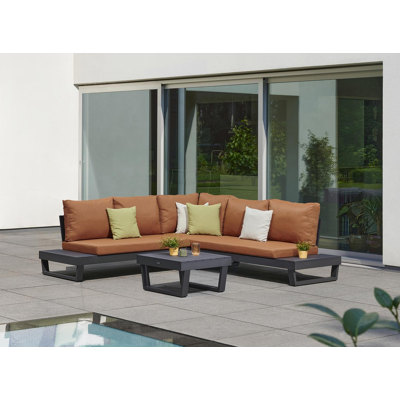 Modica loungehoek in zwart aluminium met pumpkin weather+ softtouch kussens