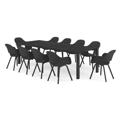 Trente tuinset in zwart aluminium en zwart volkeramiek tafelblad met 10 Artena tuinstoelen