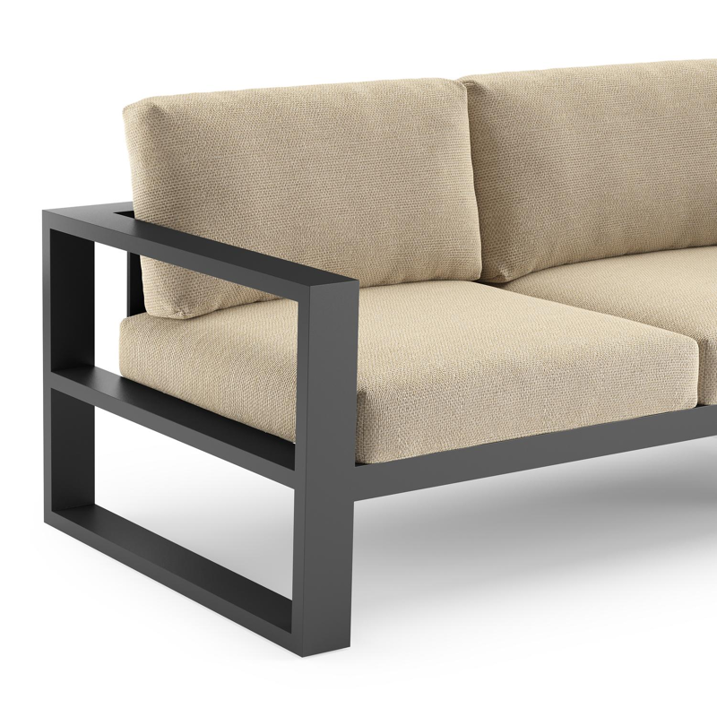 Verato loungehoek in zwart aluminium met althea camel all weather cosytica kussen