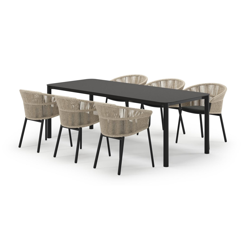 Mira rechthoekige afgeronde tuinset in zwart aluminium en sintered stone notte minerale met 6 Matera tuinstoelen