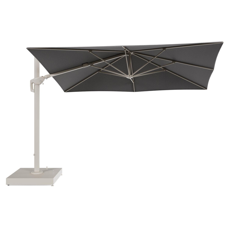 Minore zweefparasol met tiltfunctie in beige aluminium en Chartres Drizzle All Weather Sunbrella® Luxe parasoldoek - L1: 280 x L2: 370 cm met parasolvoet Minore 260 kg met wielen