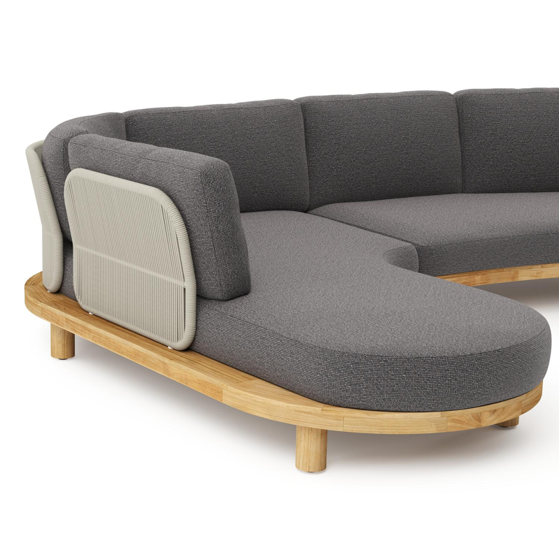 Donato loungehoek in teak en beige verticaal geweven ronde rope met all weather solica Firenze Tunder kussen
