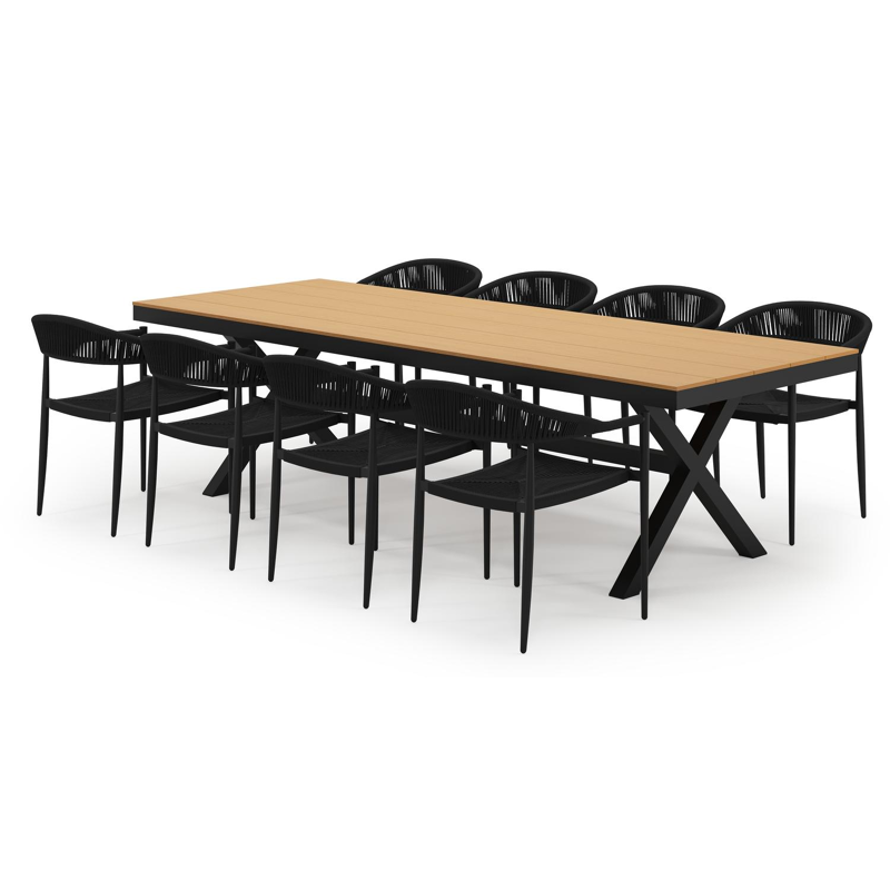 Bahia tuinset in zwart aluminium en polywood met 8 stapelbare Guarda tuinstoelen