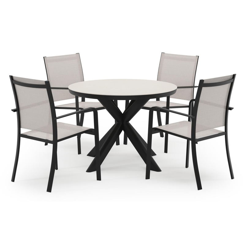 Pamplona ensemble de jardin ronde en aluminium noir en sintered stone crema minerale avec 4 chaises de jardin Calobra