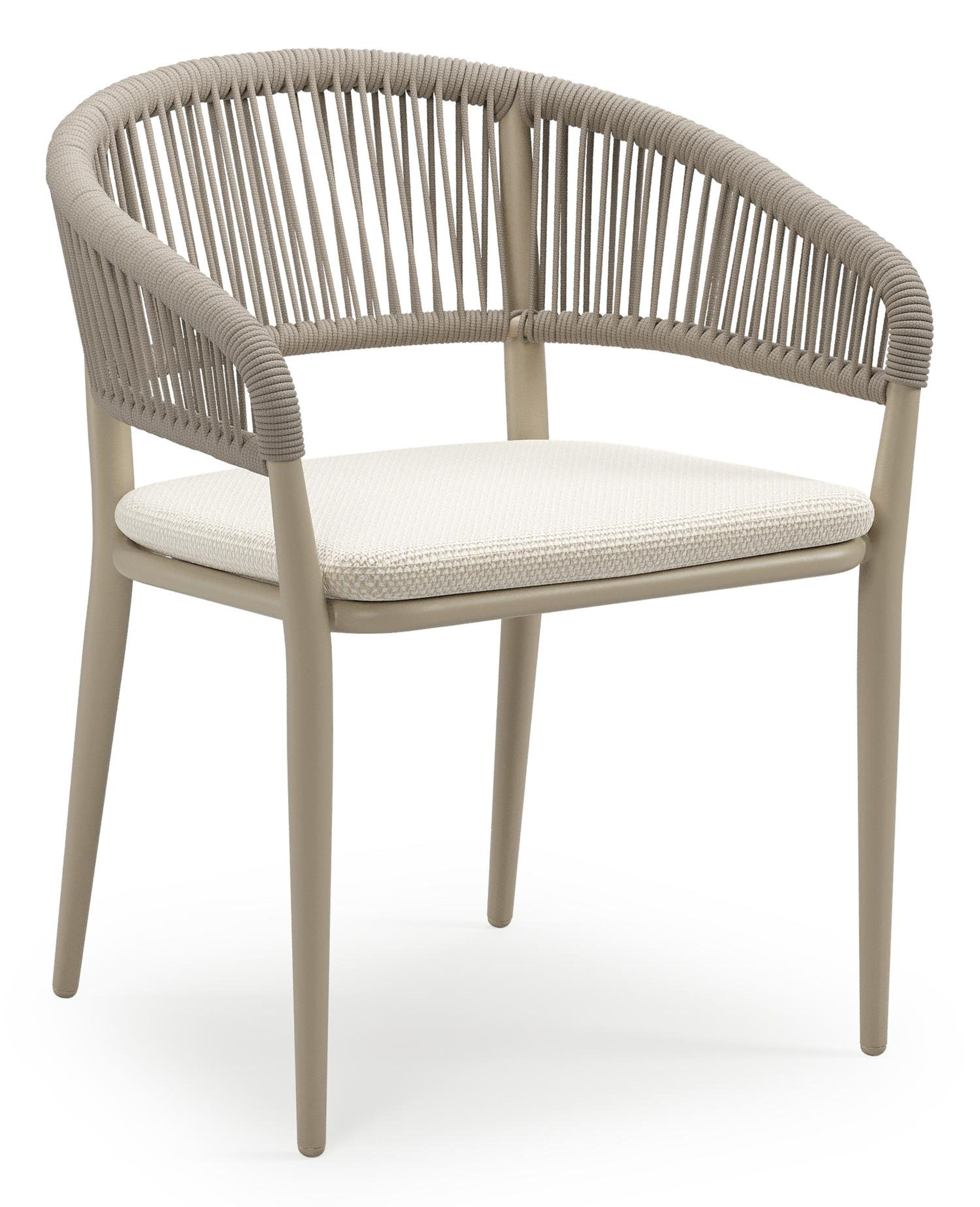 Tolfa stapelbare tuinstoel in beige aluminium en beige verticaal geweven ronde rope met stoelkussen in All Weather Cosytica Althea Off White