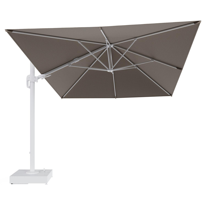 Rufina zweefparasol met tiltfunctie in wit aluminium en Firenze Earth All Weather Solica parasoldoek - L1 400 x L2 300 cm met parasolvoet Minore 150 kg met wielen