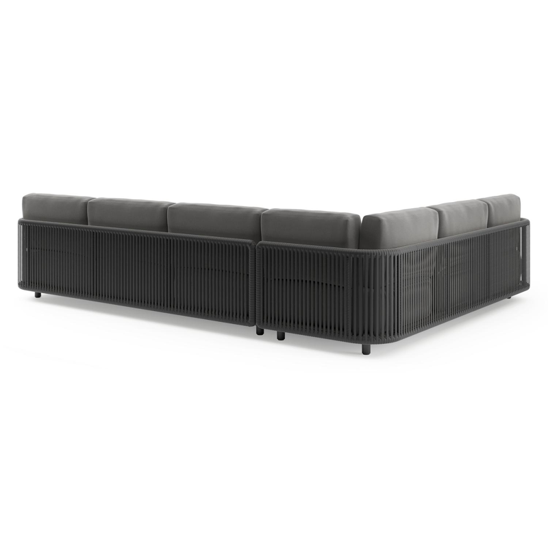 Organo loungehoek in zwart aluminium en zwart verticaal geweven luxe vlakke rope met natte charcoal chine all weather Sunbrella® luxe kussen