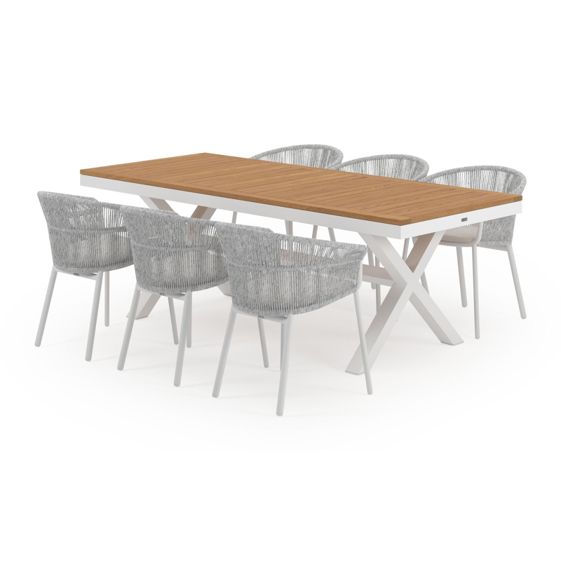 Reza tuinset in wit aluminium en natural finish teak tafelblad met 6 stapelbare Matera tuinstoelen