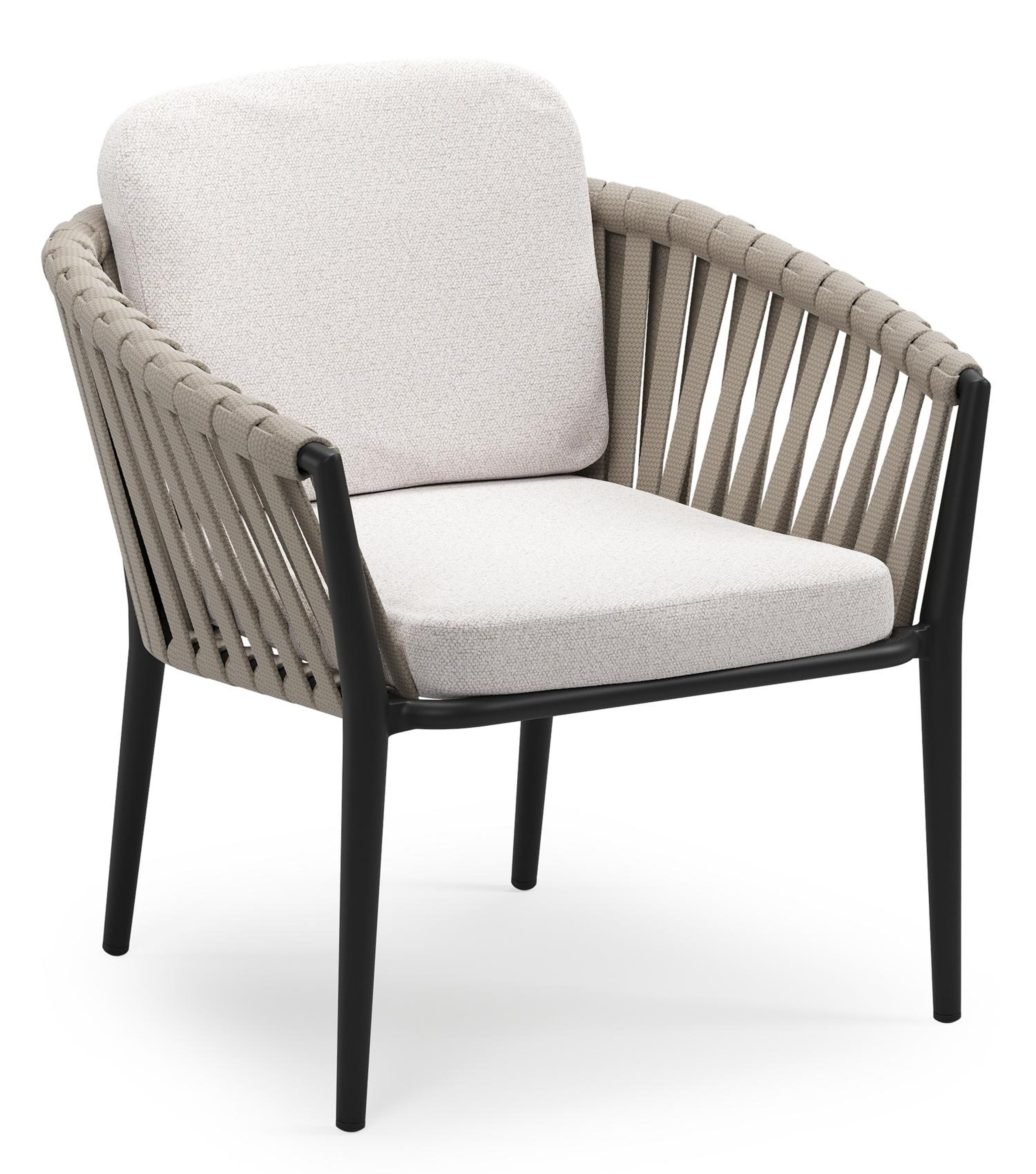 Orso low dining tuinstoel in zwart aluminium en beige verticaal geweven luxe vlakke brede rope met stoelkussen in All Weather Solica Ego Eggshell