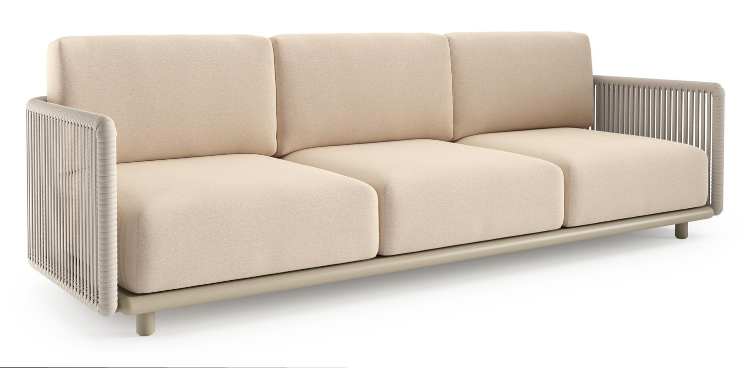 Organo loungebank in beige aluminium en beige verticaal geweven luxe vlakke rope met heritage papyrus all weather Sunbrella® luxe kussen