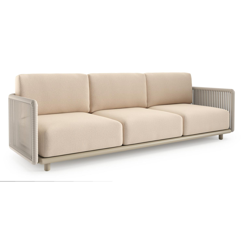 Organo loungebank in beige aluminium en beige verticaal geweven luxe vlakke rope met heritage papyrus all weather Sunbrella® luxe kussen