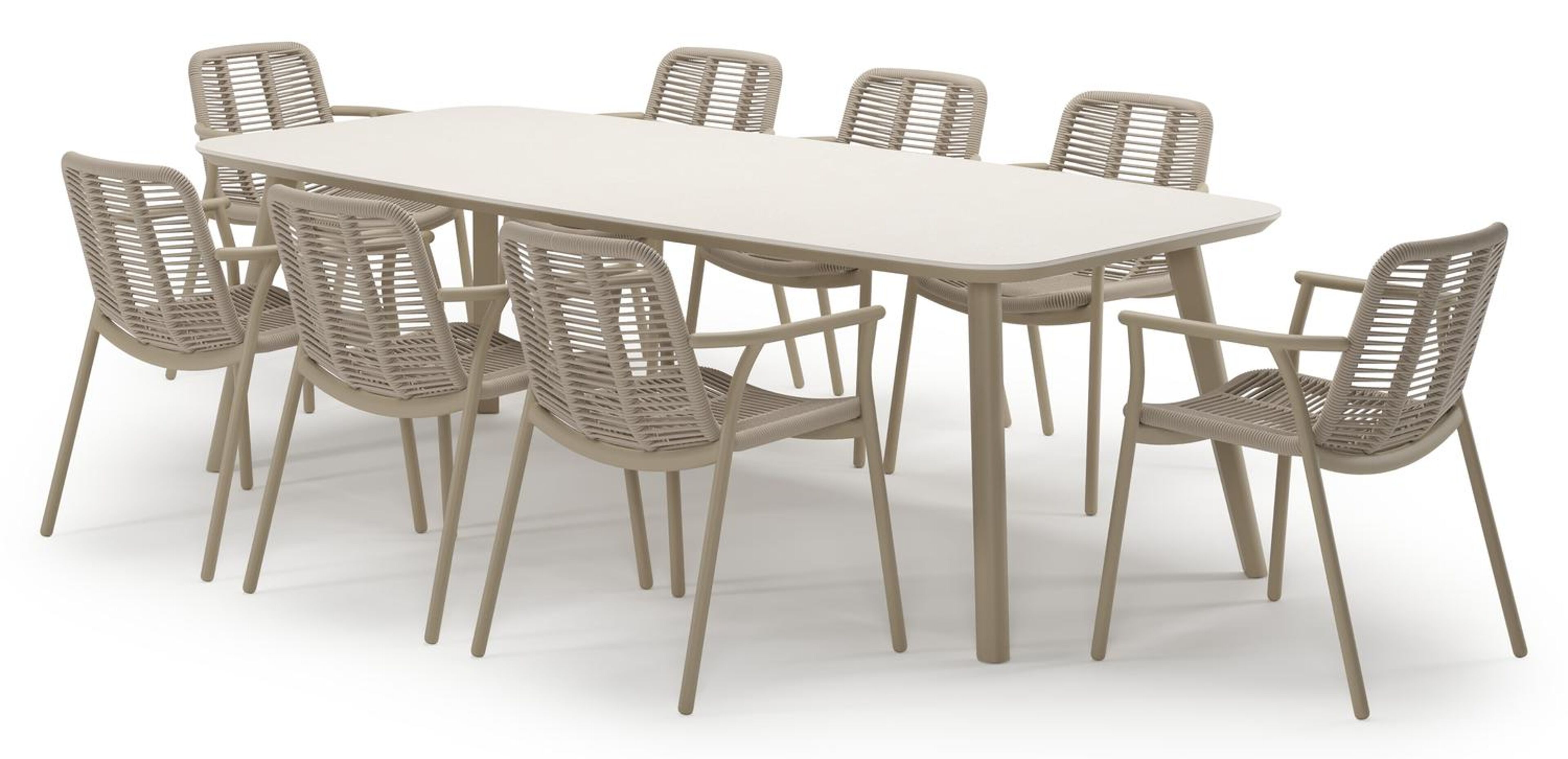 Mosa tuinset in beige aluminium en crema minerale sintered stone met 8 stapelbare Berga tuinstoelen