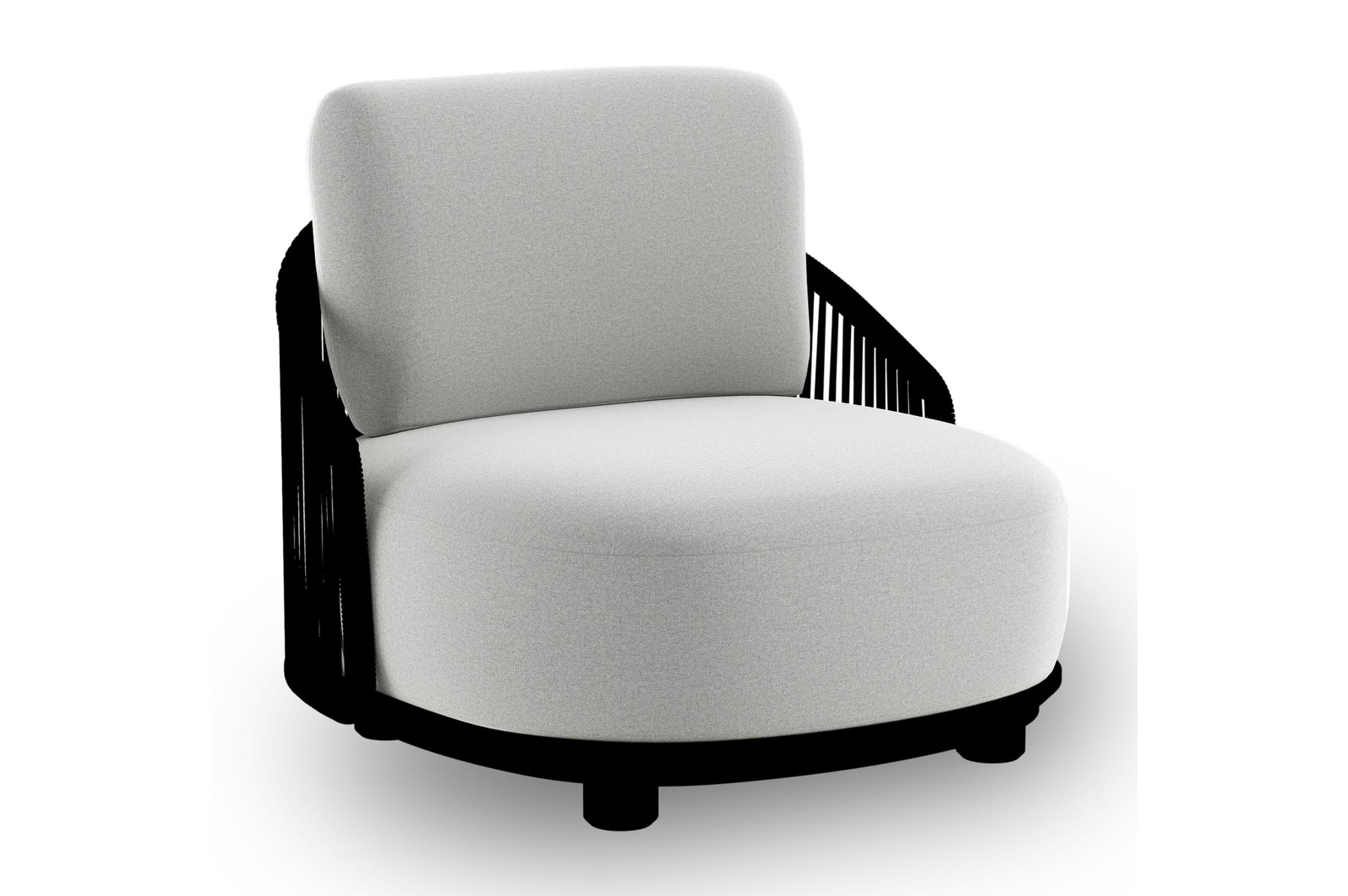 Fauteuil de jardin Vadelo en aluminium noir et corde ronde tissée verticalement noir et coussins en all weather sunbrella® luxe natte grey chine