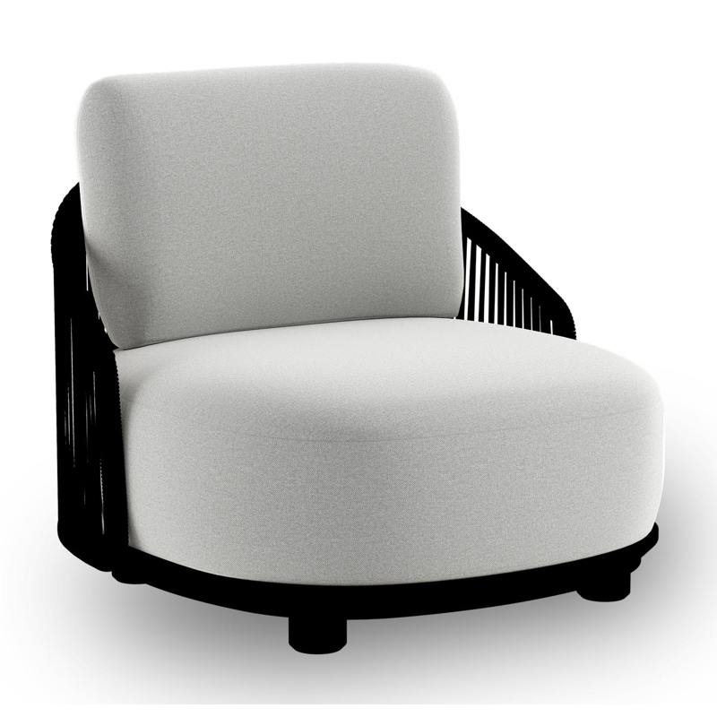 Fauteuil de jardin Vadelo en aluminium noir et corde ronde tissée verticalement noir et coussins en all weather sunbrella® luxe natte grey chine