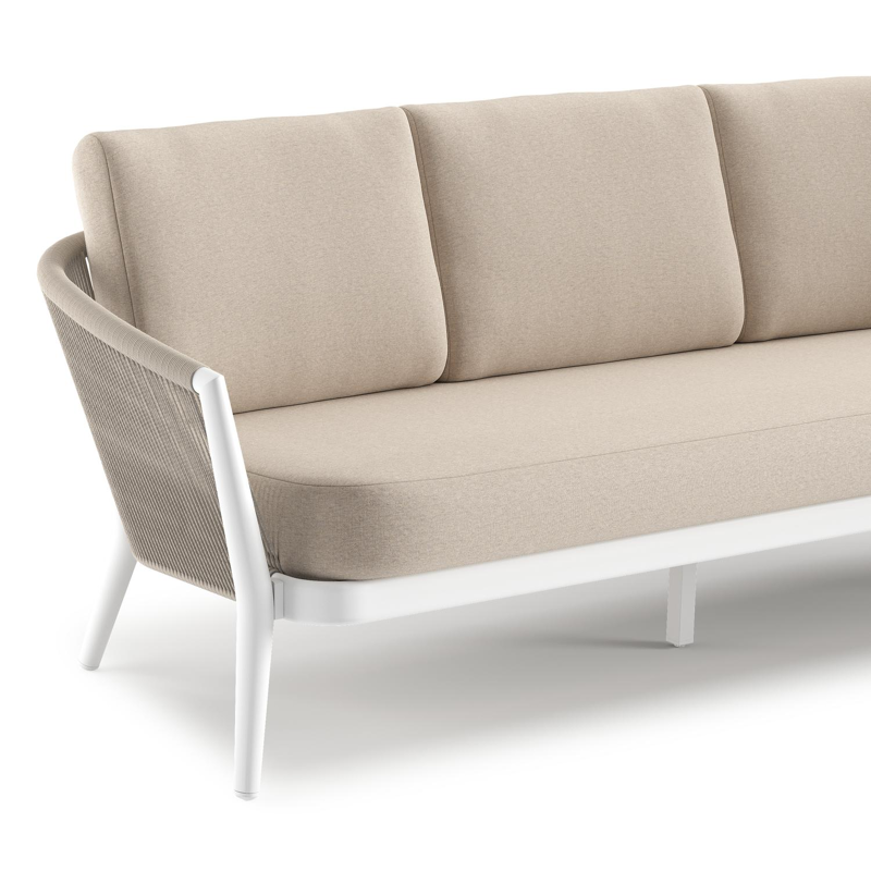 Canapé de jardin Orso en aluminium blanc en corde ronde tissée verticalement beige et coussins en all weather sunbrella® luxe Heritage Ash