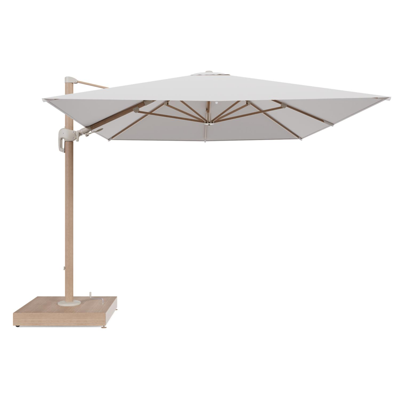 Rufina zweefparasol met tiltfunctie in houtlook aluminium en Ego Eggshell All Weather Solica parasoldoek - L1 400 x L2 300 cm met parasolvoet Minore 260 kg met wielen