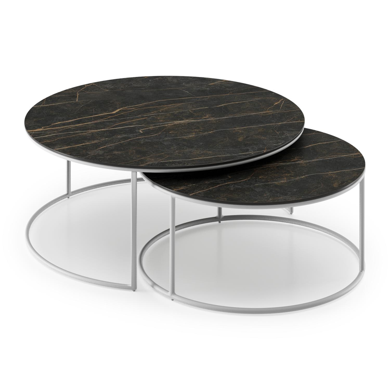 Fano set van 2 loungetafels rond in wit aluminium en volkeramiek Black Obsession - Dia. 85/65 x H 35/30 cm