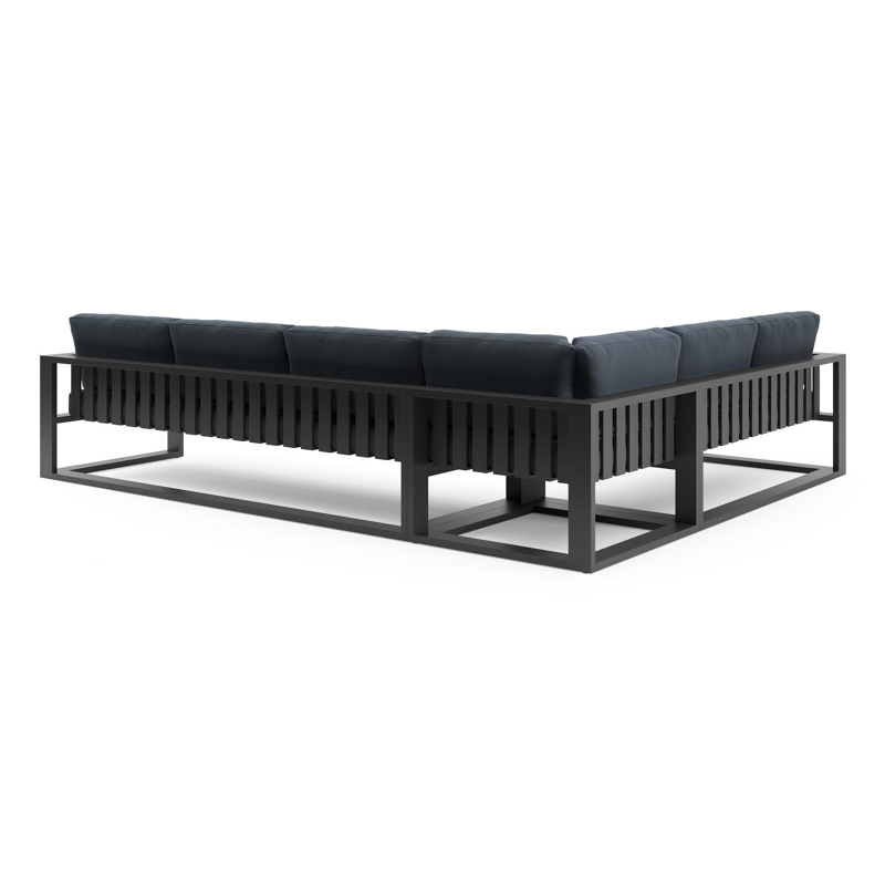 Verato loungehoek in zwart aluminium met heritage indigo all weather sunbrella® luxe kussen