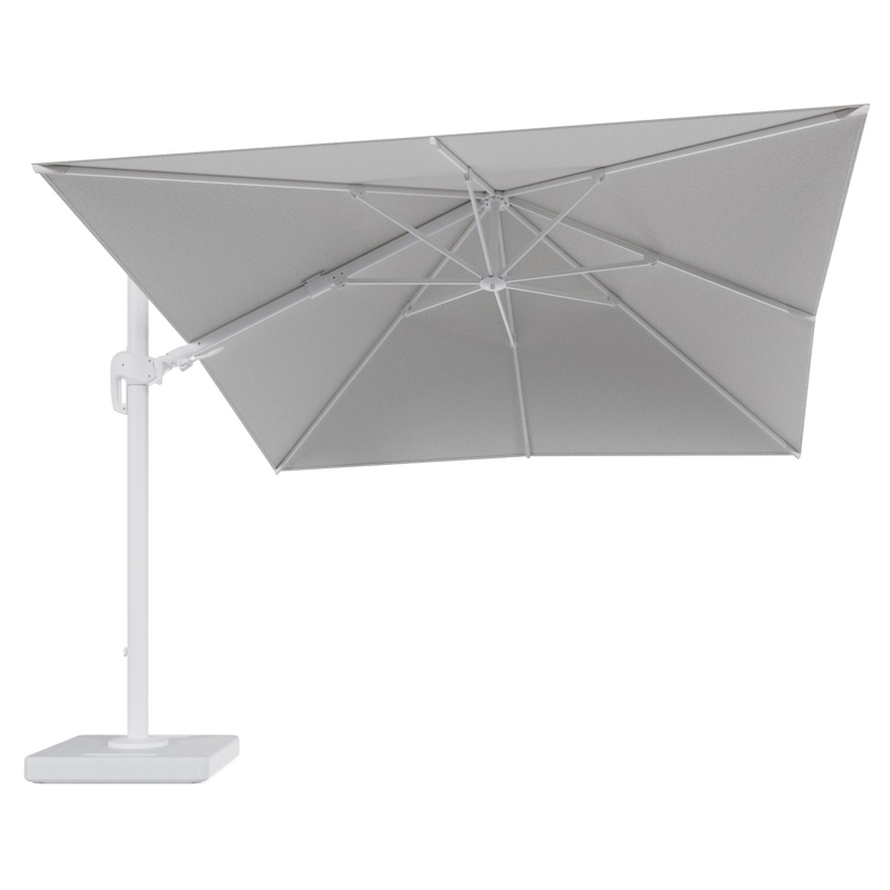 Parasol pendant Rufina avec fonction tilt en aluminium blanc et toile de parasol en All Weather Solica Ego Birch - Lg.1 300 x Lg.2 300 cm avec pied de parasol Lapido 160 kg