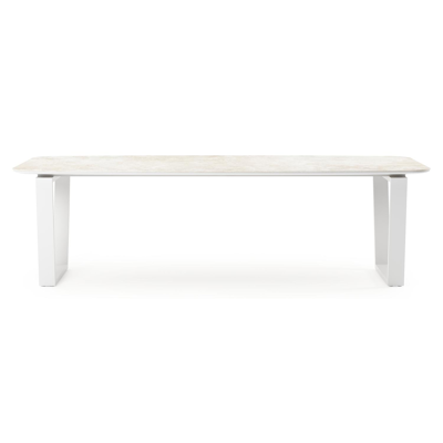 Table de jardin Pagino forme de bateau en aluminium blanc et céramique pleine Rapolano Lg. 255 x Lrg. 115 cm